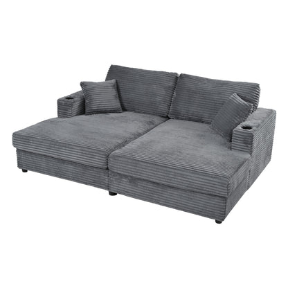 86.5" Oversized Loveseat Chaise Lounge Sectional Sofa Bed Corduroy Sleeper Sofa with Two USB Ports , Two Cup Holders and Two Throw Pillows for Living Room and Bedroom, Dark Gray