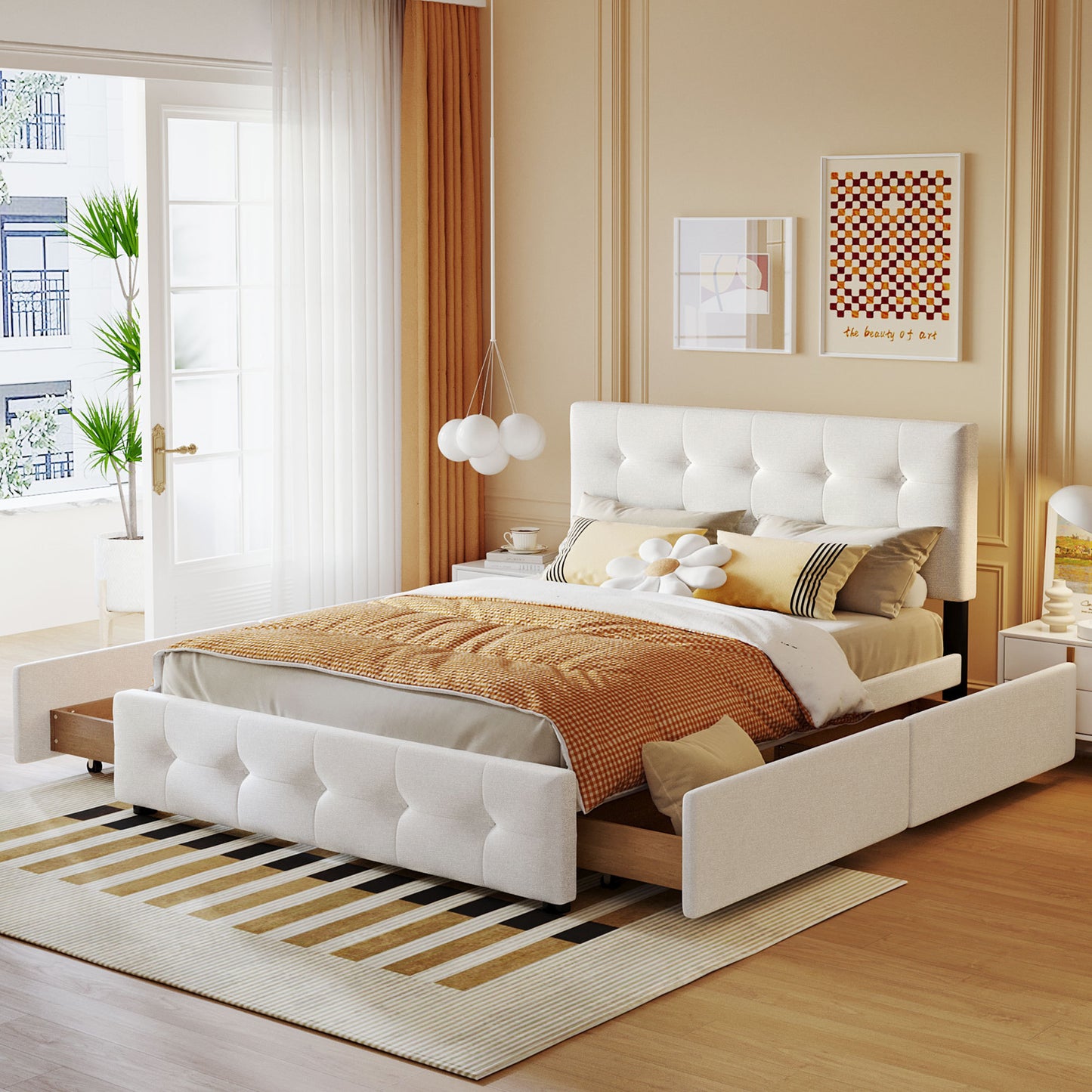 Upholstered Platform Bed with Classic Headboard and 4 Drawers, No Box Spring Needed, Linen Fabric, Queen Size White