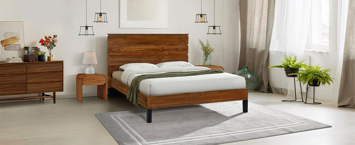 Mid-Century Modern Solid Wood Bed Frame Queen Size Platform Bed with Six-Piece Headboard Design, No Box Spring Needed, Brown