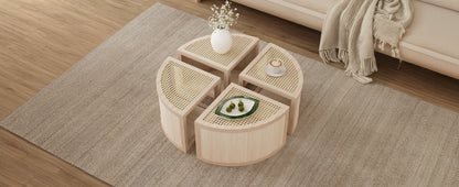 Round to Square Block Modular Coffee Table Light Natural Rattan with Storage 4 Piece