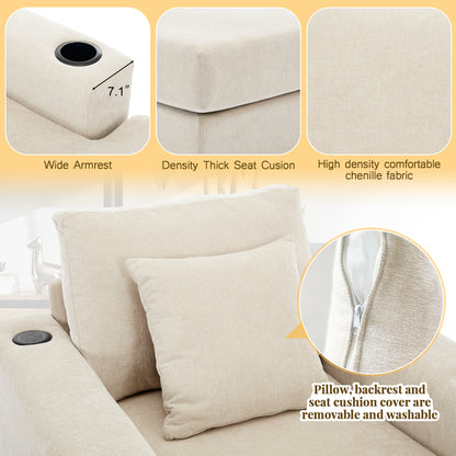 39.7" Oversized Chaise Lounger Modern Style Sofa Couch ,with Pillows, Charge Station & Cup Holders, Chenille Fabric, Cream