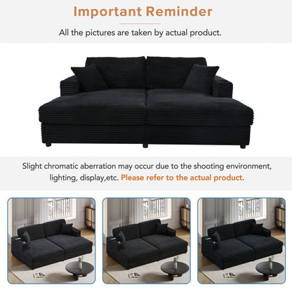 86.5" Oversized Loveseat Chaise Lounge Sectional Sofa Bed Corduroy Sleeper Sofa with Two USB Ports , Two Cup Holders and Two Throw Pillows for Living Room and Bedroom, Black