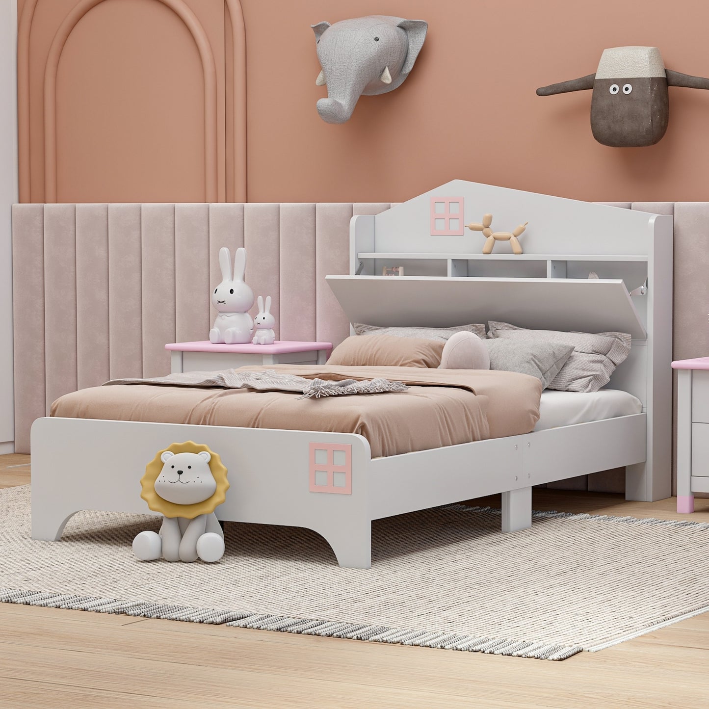 Wooden Twin Size House Bed with Storage Headboard ,Kids Bed with Storage Shelf, White