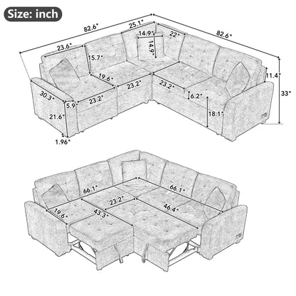 82.6" L-shape Sofa Bed Pull-out Sleeper Sofa with Wheels, USB Ports, Power Sockets for Living Room, Brown