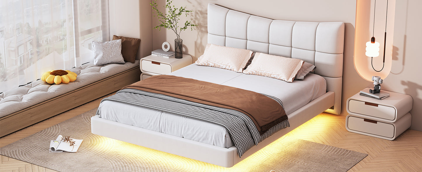 Full Size Upholstered Platform Bed with LED Lights,USB Ports and Outlets,Linen Fabric,Beige