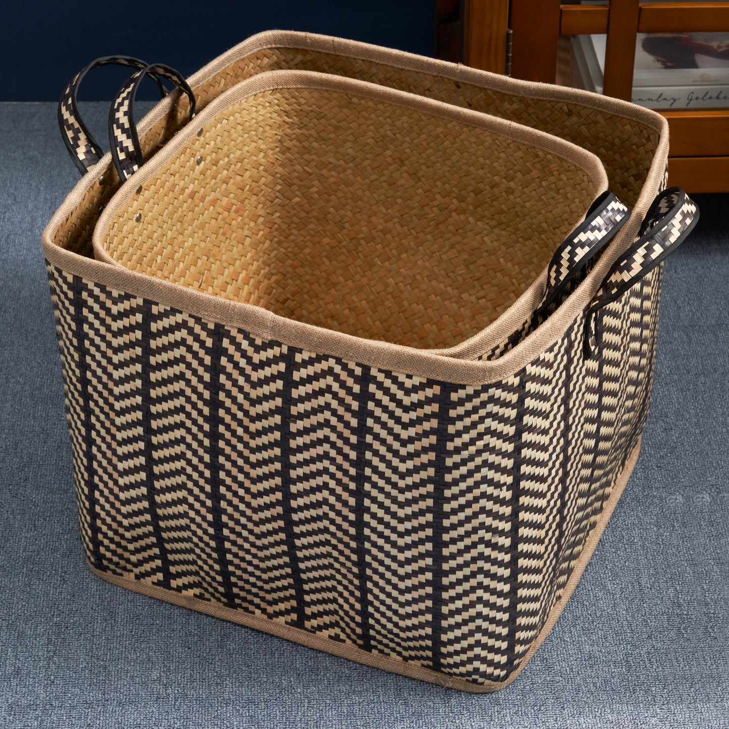 Square Palm Leaf Woven Wicker Storage Basket with Handles Set of 2 - 14" x 14" x 15" and 16" x 16" x 17" - Black and Brown - For Clothes, Books Storage, Picnic and Home Decoration