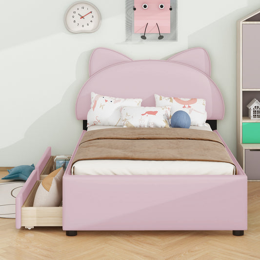 Twin Size Upholstered Platform Bed with Cartoon Ears Shaped Headboard and 2 Drawers, Pink