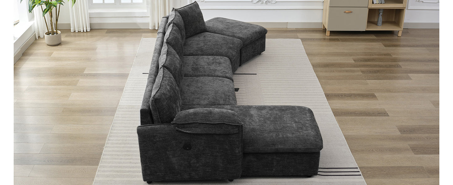 146.9" L-shaped Sofa Sectional Sofa Couch Pull-out Sofa Bed with a Movable Storage Ottoman, a Storage Chaise Lounge and Two USB Ports for Living Room, Grey