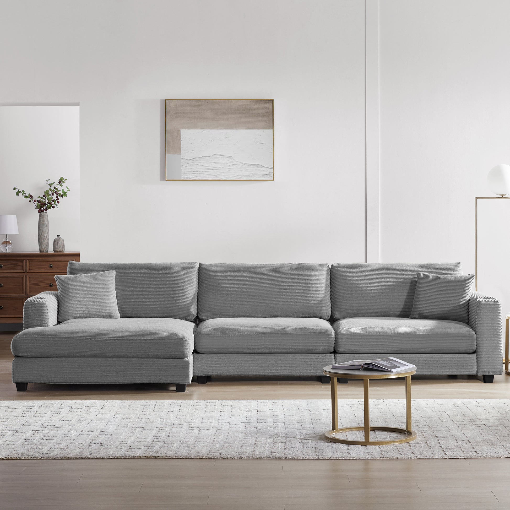 [VIDEO provided][New]134*54"Oversized Corduroy Sectional Sofa,L Shaped Cloud Couch with USB Charging Port,Cup Holder,Deep Seat Sofa Bed with 50" Chaise,Comfy Indoor Furniture for Living Room,3 Colors