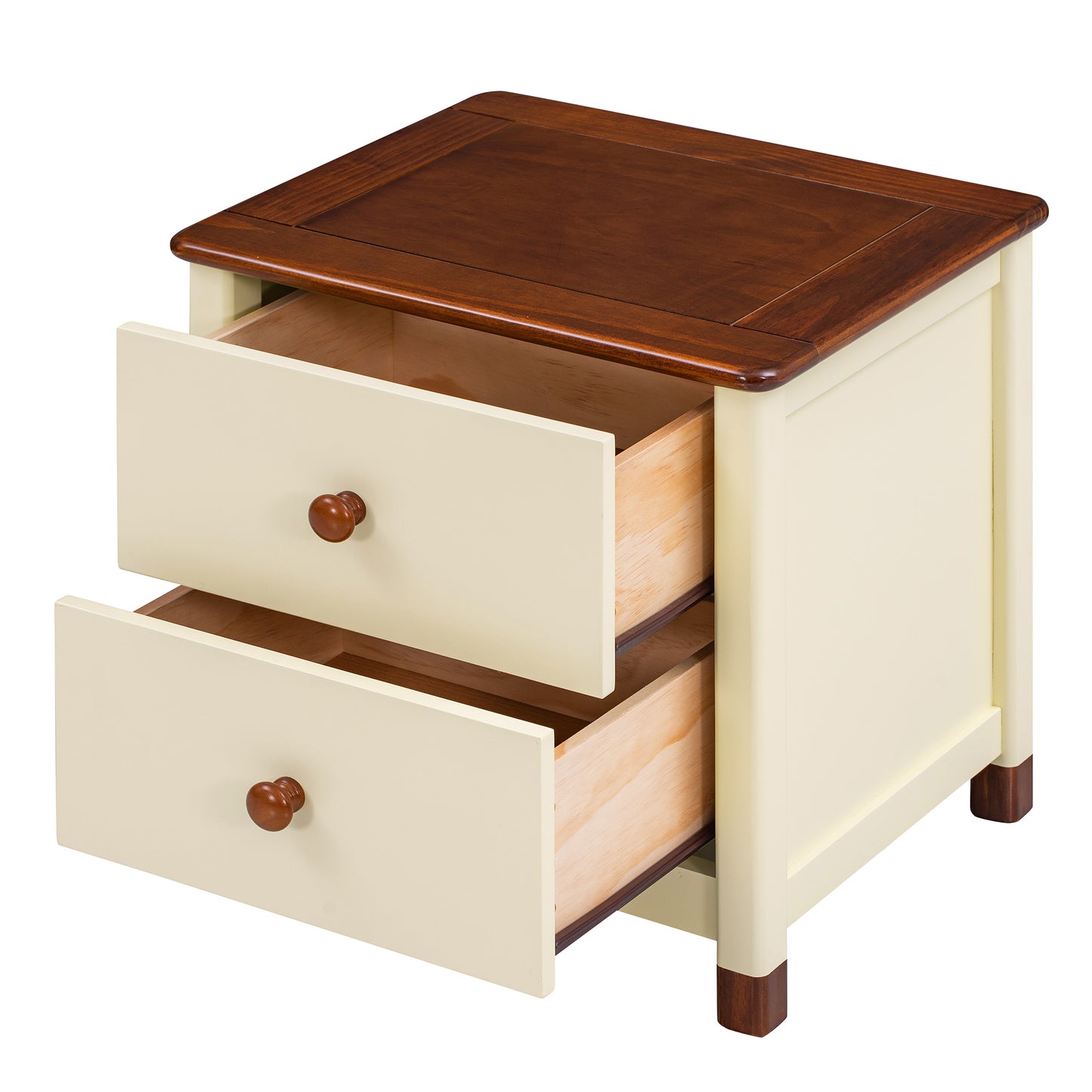 Wooden Nightstand with Two Drawers for Kids,End Table for Bedroom,Cream+Walnut