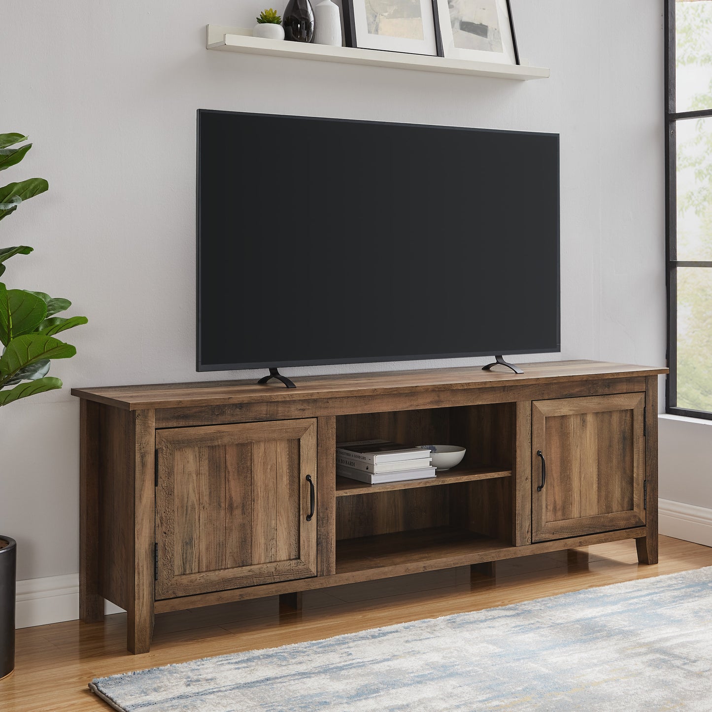 Modern Farmhouse 2-Door Grooved 70" TV Stand for 85" TVs - Rustic Oak