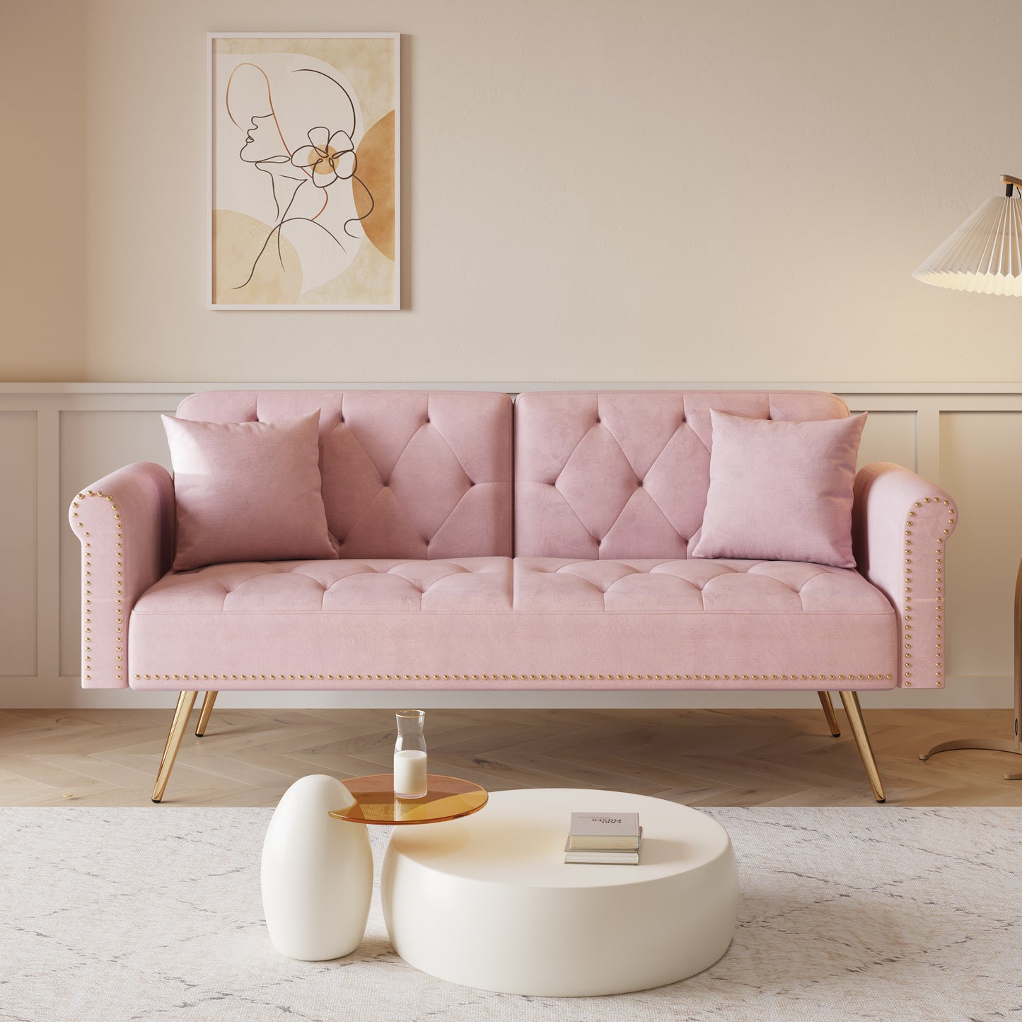 69.7 inch pink velvet nail head sofa bed with throw pillow