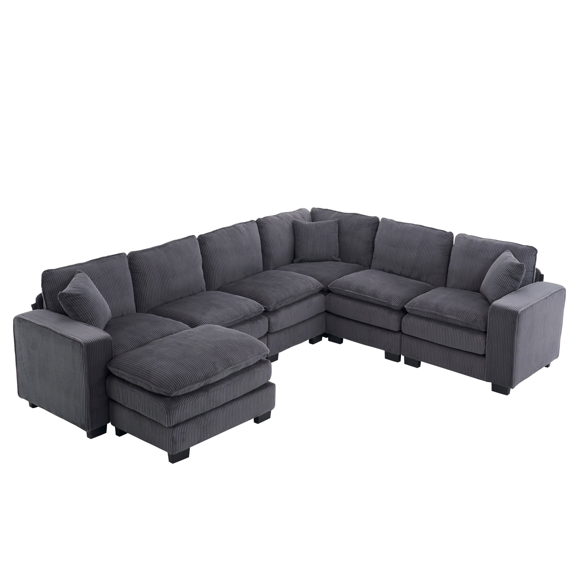 Modern U Shaped 6-seat Sectional Sofa Couch with one Ottoman and three toss pillows ,Modular Sofa for Living Room,Corduroy sofa