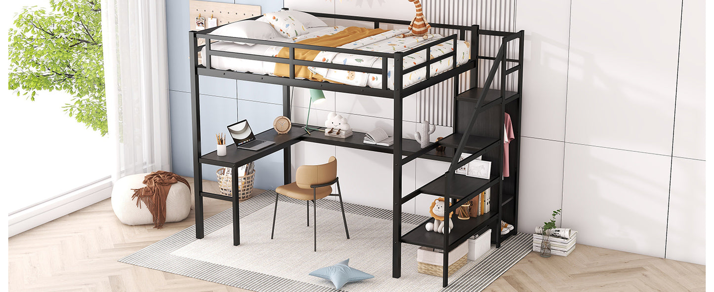 Full Size Loft Bed with L-shaped Desk and USB, Metal Loft Bed with Wardrobe and Adjustable Shelf, High Loft Bed with LED for Kids Teens Adults, Black