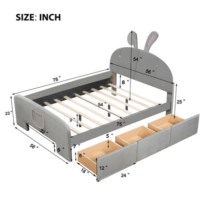 Full Size Velvet Platform Bed with Rabbit-Shaped Headboard, with Drawers, with Bed-End Storage Pocket, Gray