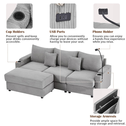 95.3" Modern Style 3-Seater Sofa Sectional Sofa Couch with Storage Space, A Movable Ottoman, Two USB Ports, Two Cup Holders, A Phone Holder for Living Room, Grey