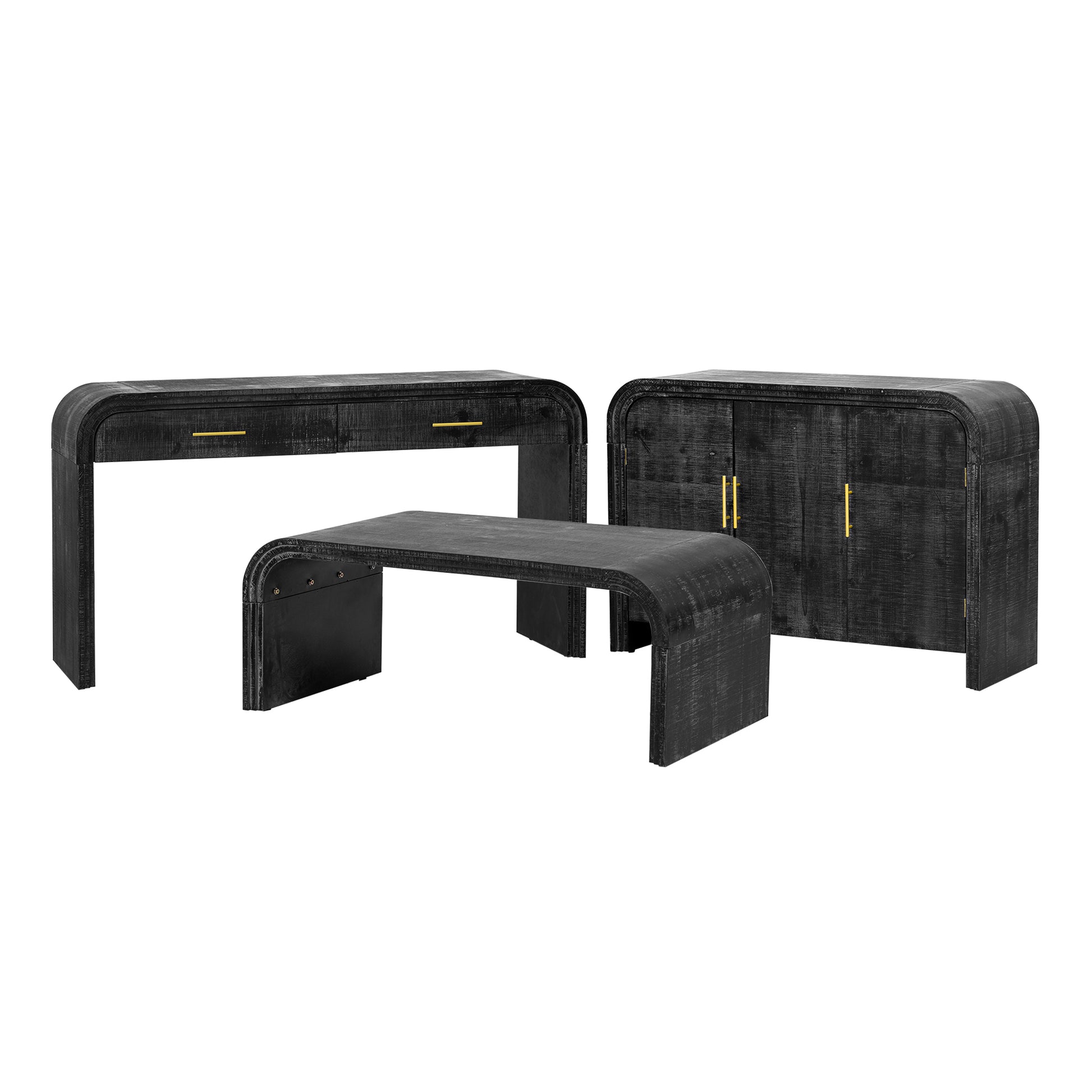 TREXM Unique Retro Silhouette Three-Piece Set Containing Sideboard, Console Table and Coffee Table, Suitable for Dining Room, Living Room and Entrance (Antique Black)