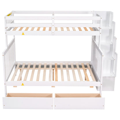 Twin Over Full Bunk Bed with 2 Drawers and Staircases, Convertible into 2 Beds, the Bunk Bed with Staircase and Safety Rails for Kids, Teens, Adults, White