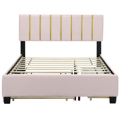 Queen Size Upholstered Platform Bed with 2 Drawers and 1  Trundle, Classic Metal Strip Headboard Design, Pink