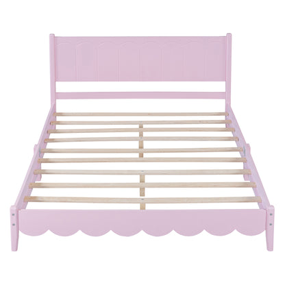 Queen Size Wood Platform Bed Frame, Retro Style  Bed with Rectangular Headboard,No Need Box Spring,Pink