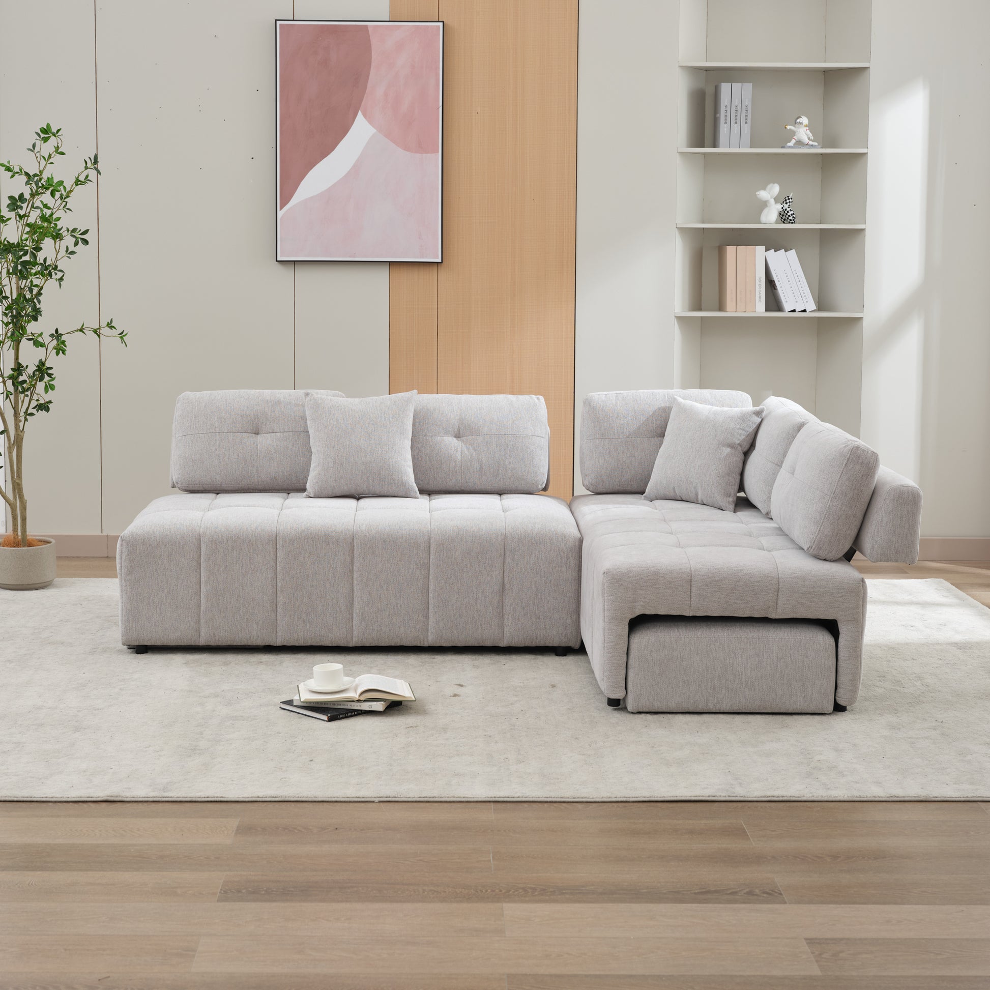 91.73" L-shaped Sofa Sectional Sofa Couch with 2 Stools and 2 Lumbar Pillows for Living Room, Light Grey