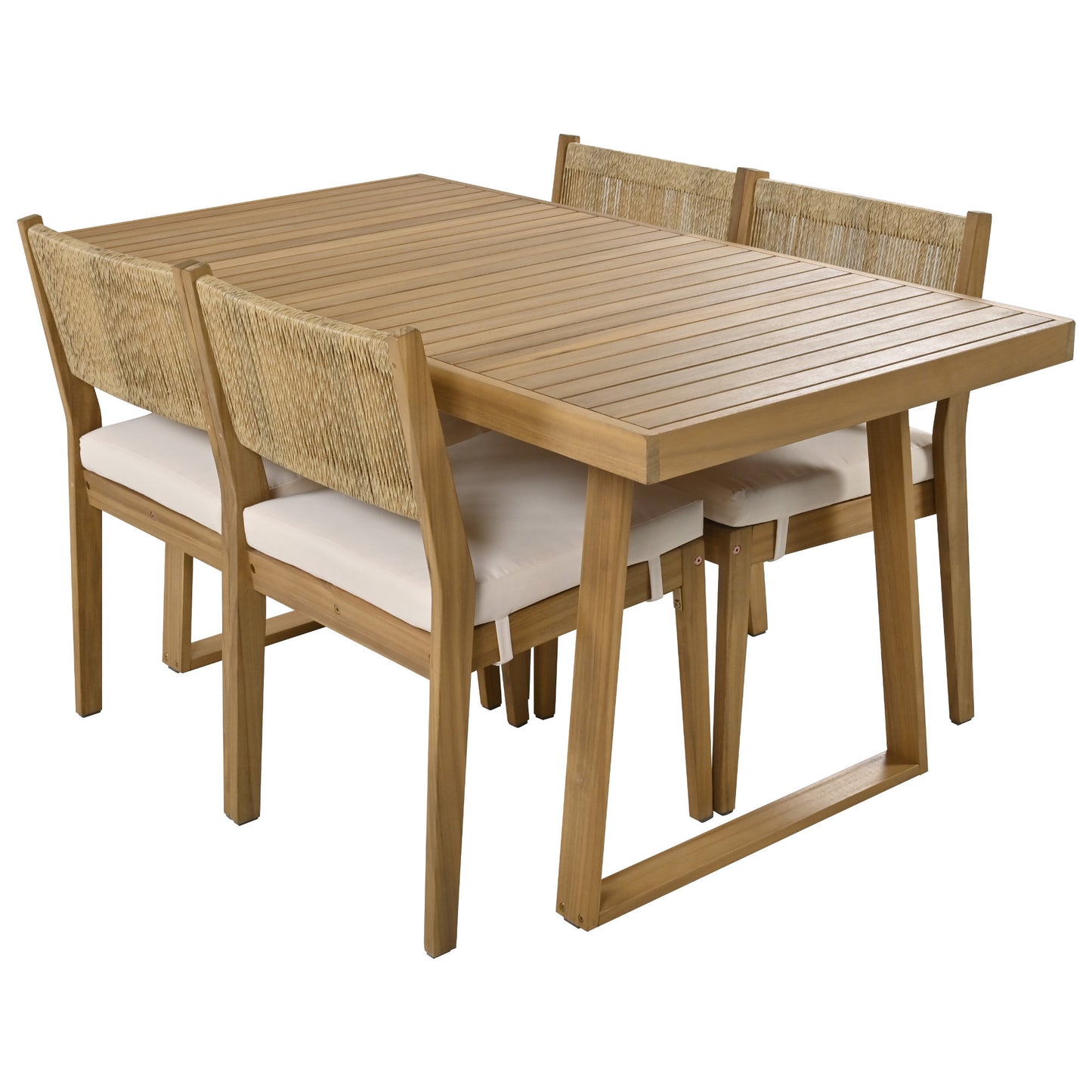 U_Style Multi-person Outdoor Acacia Wood Dining Table and Chair Set, Thick Cushions, Suitable for Balcony, Vourtyard, and Garden.