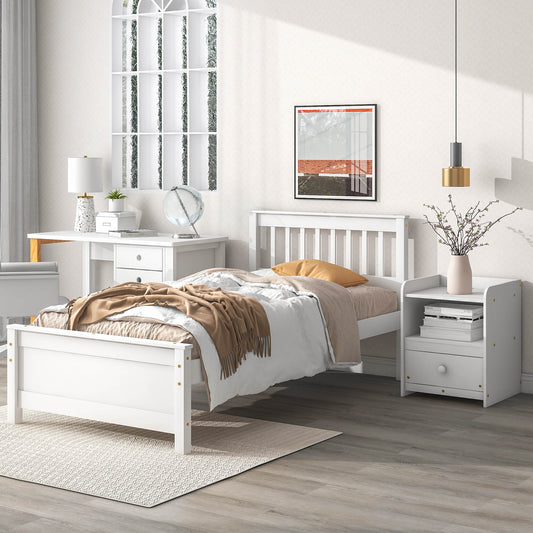 Twin Bed with Headboard and Footboard for Kids, Teens, Adults,with a Nightstand,Wite