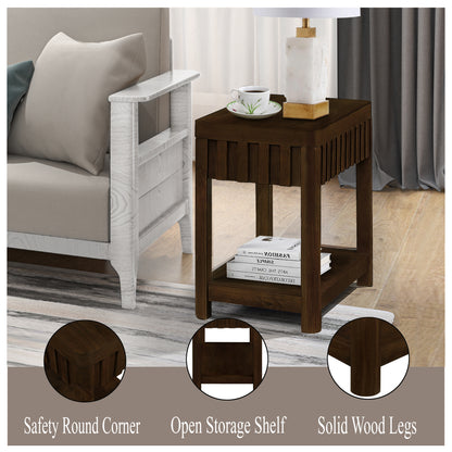 25'' Rectangular Farmhouse End Table with Storage Shelf, Sofa Side Table with Solid Wood Legs for Living Room, Bedroom, Office, Espresso