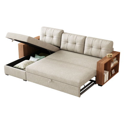 Upholstered Pull Out Sectional Sofa with Storage Chaise, Convertible Corner Couch, Beige-Wooden handrail