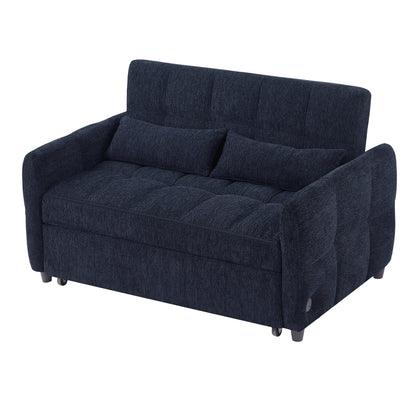 52.8" Loveseat Sofa Pull-out Sofa Bed Tufted Sleeper Sofa with an Adjustable Backrest, Three USB Ports and Two Lumbar Pillows for Living Room, Blue