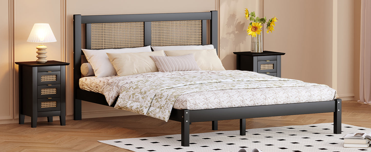 Queen Size Wooden Platform Bed with Natural Rattan Headboard, Exquisite Elegance with Minimalist Charm for Bedroom, Black