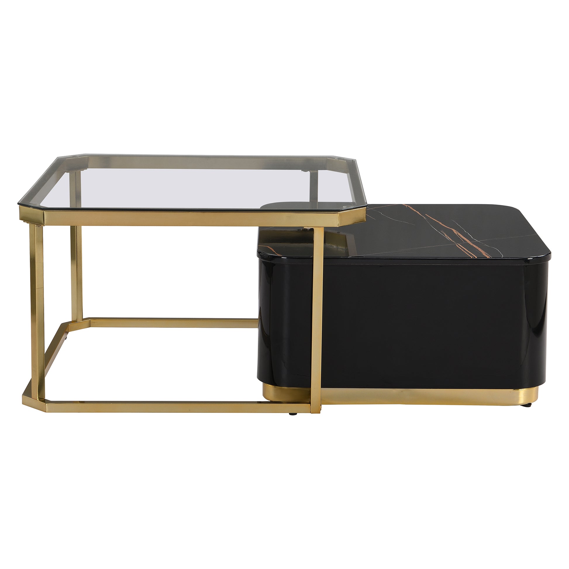 Modern 2 Pieces Black  Square Nesting  Coffee Table with Drawers & Electroplated gold legs in 27.6''