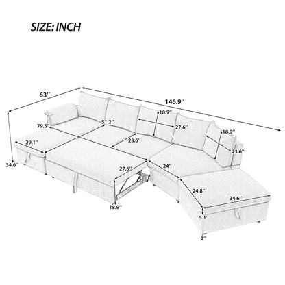 146.9" L-shaped Sofa Sectional Sofa Couch Pull-out Sofa Bed with a Movable Storage Ottoman, a Storage Chaise Lounge and Two USB Ports for Living Room, Grey