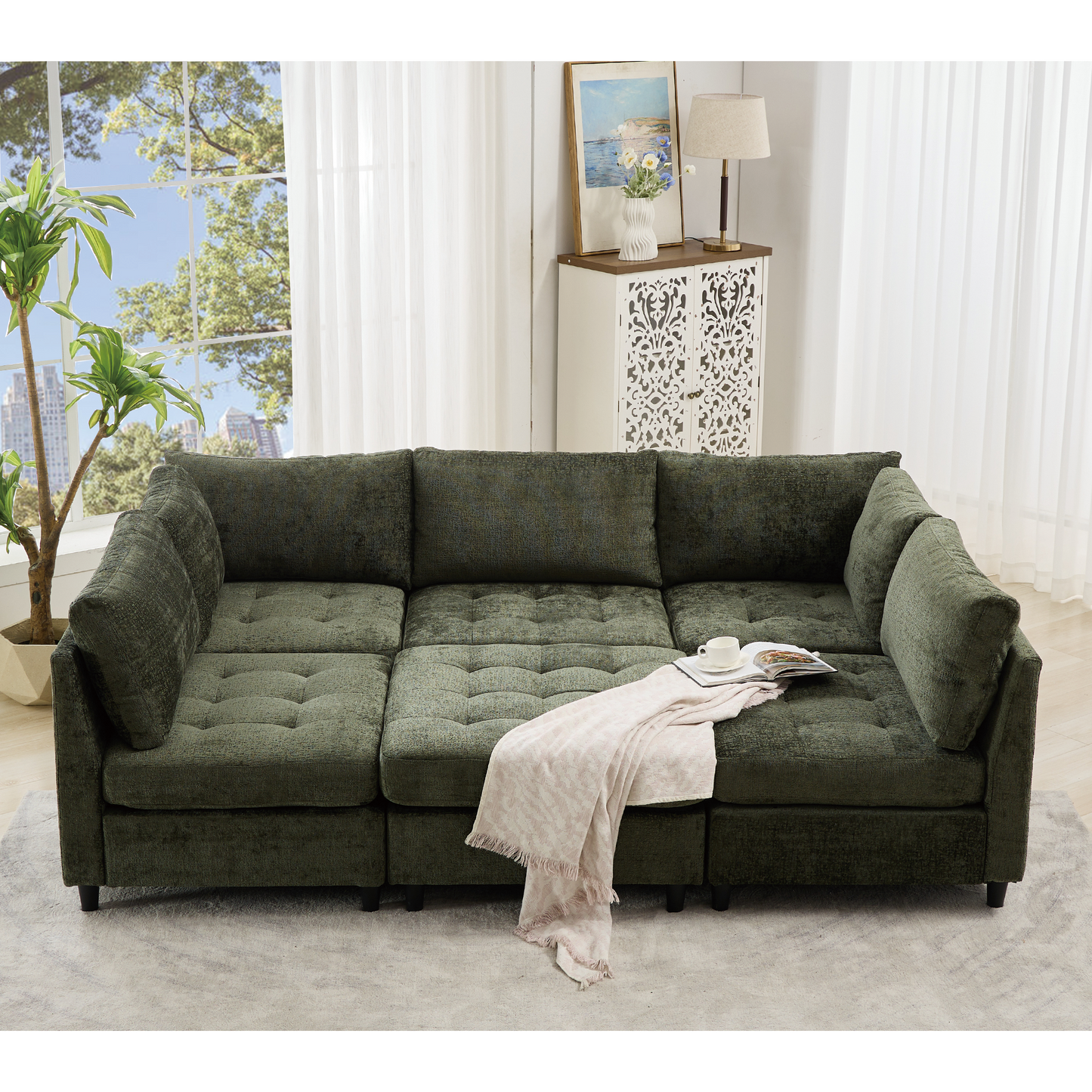 [NEW ARRIVED] [VIDEO PROVIDED]   Modular Sectional Couch with Storage Ottoman, U Shaped Sofa, Storage Ottoman,Minimalist ,Convertible Modular Sofa,Chenille ,Upholstered,6 Seat,Living Room,   Green