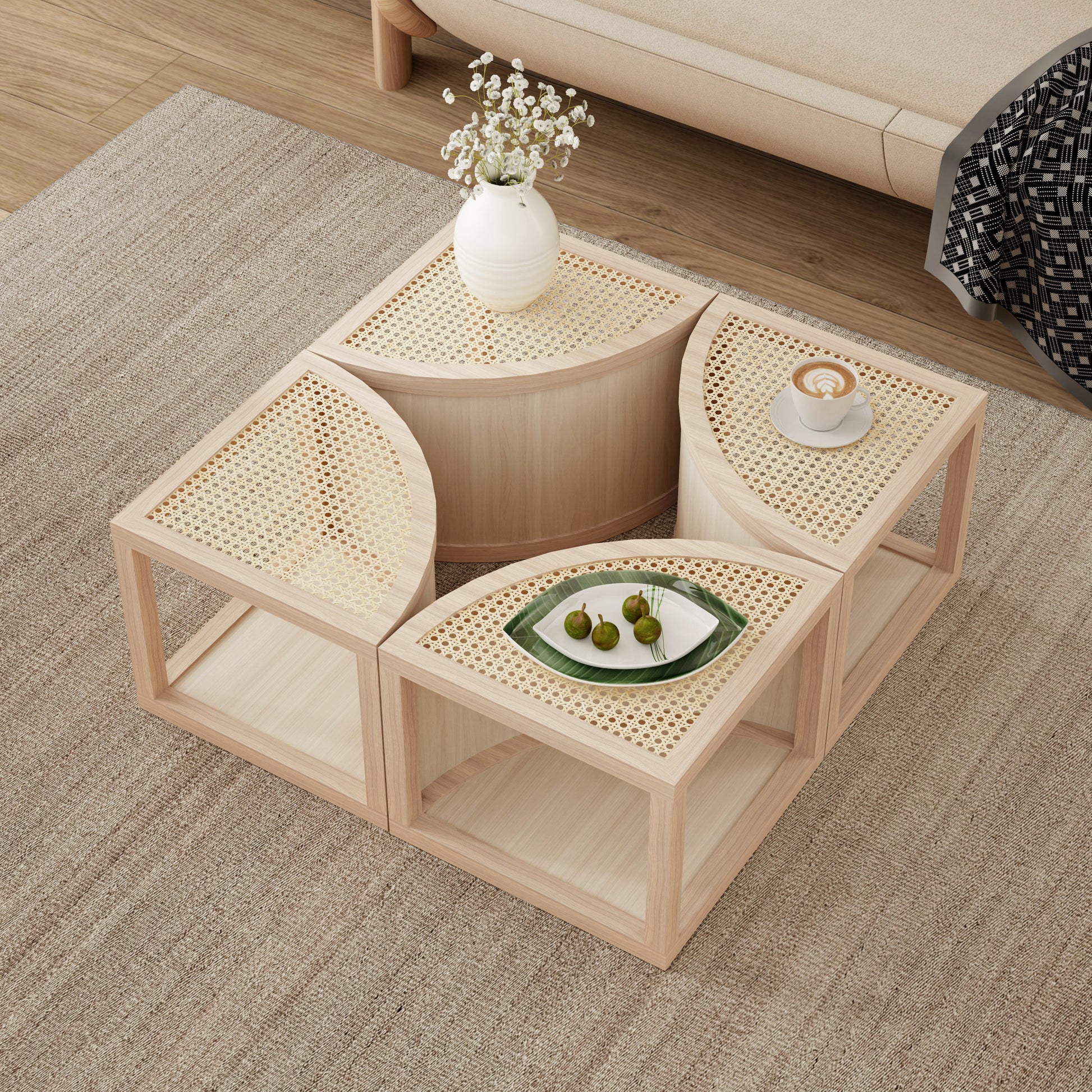 Round to Square Block Modular Coffee Table Light Natural Rattan with Storage 4 Piece