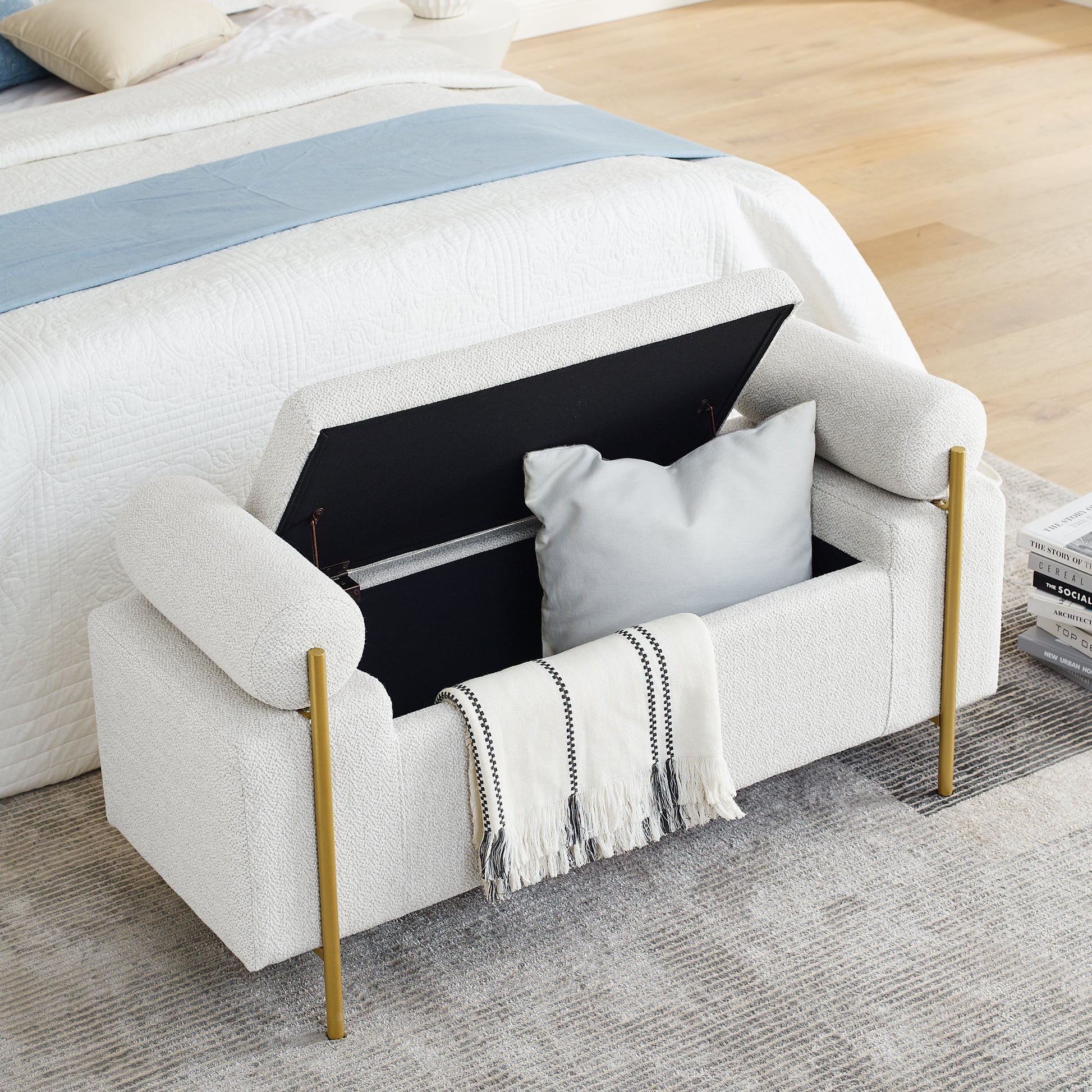 Elegant Upholstered Linen Storage Bench with Cylindrical Arms and Iron Legs for Hallway Living Room Bedroom, White