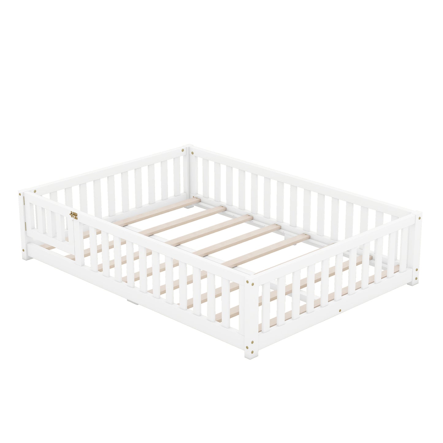 Full Size Bed Floor Bed with Safety Guardrails and Door for Kids, White