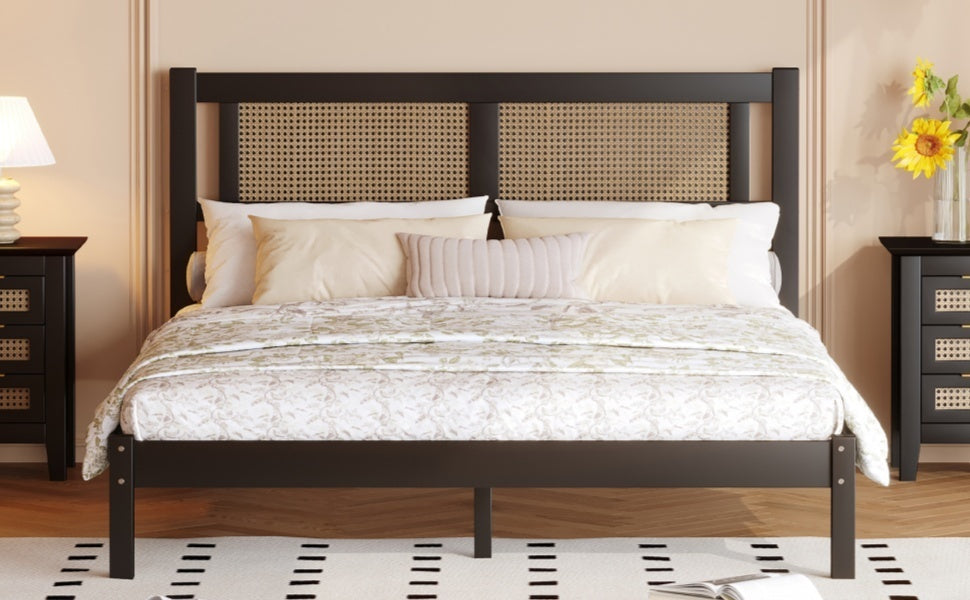 Queen Size Wooden Platform Bed with Natural Rattan Headboard, Exquisite Elegance with Minimalist Charm for Bedroom, Black