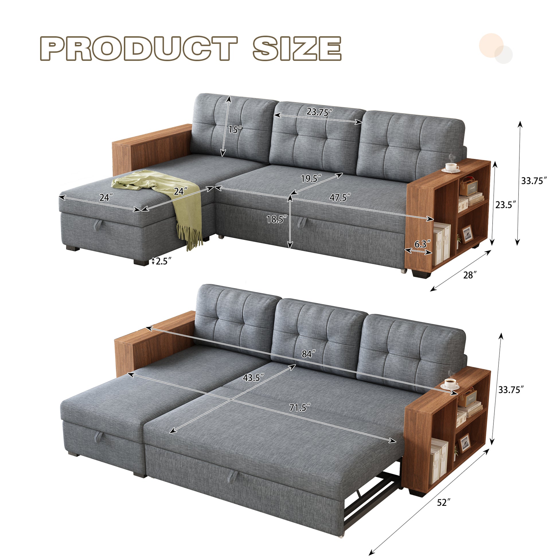 Upholstered Pull Out Sectional Sofa with Storage Chaise, Convertible Corner Couch, Light Grey-Wooden handrail