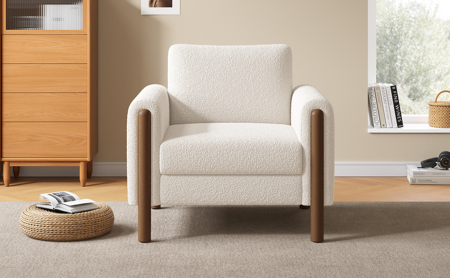 Oversized Accent Chair, Upholstered Living Room Chairs Single Sofa Chair with Walnut Legs, Curved handrail, White