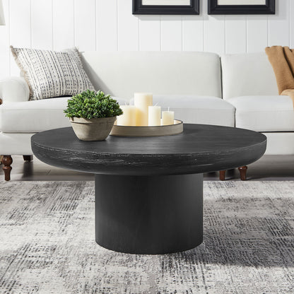 35.98inch Round Coffee Table with Cylindrical Leg,Wood Veneer Tabletop Table,Rounded  Sofa Side Table for living Room Office,Black