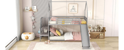 Twin over Twin Metal Bunk Bed House Bed with Slide and Staircase, Silver