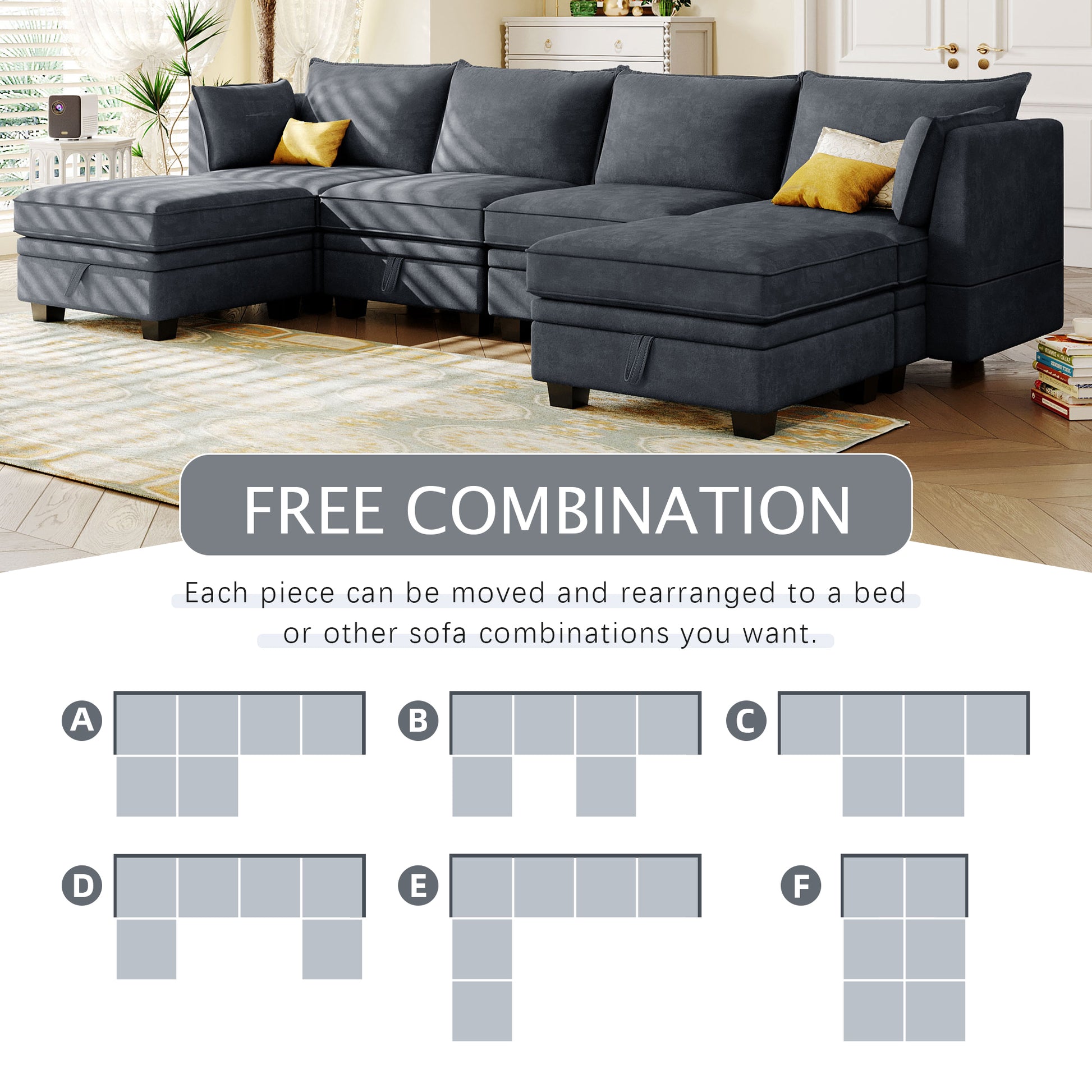 U_Style Modern Large U-Shape Modular Sectional Sofa,  Convertible Sofa Bed with Reversible Chaise for Living Room, Storage Seat