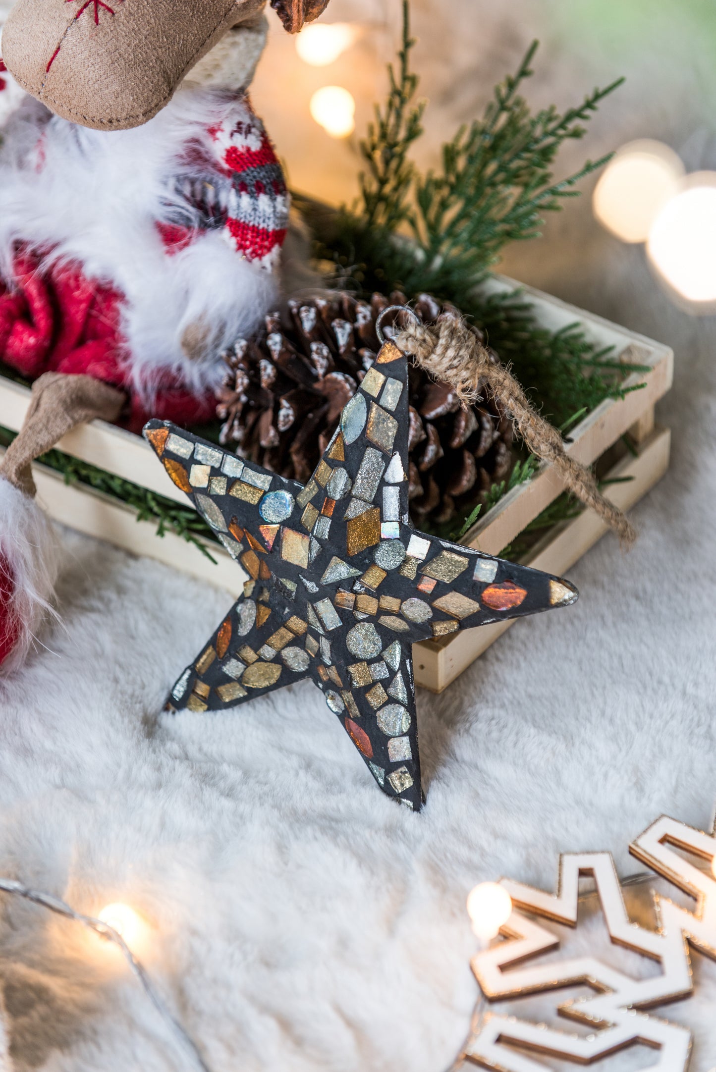 6.5" Mosaic Metal Star Ornament, Hanging Home Decor Accents for Christmas Tree, Wall Art, Holiday Display, Set of 4