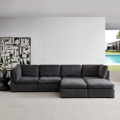 Modular Sofa with Ottoman,Filled with Down ,Soft Linen Fabric,Dark Grey