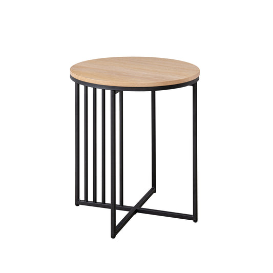 Modern Metal-Slat Round Side Table – Coastal Oak