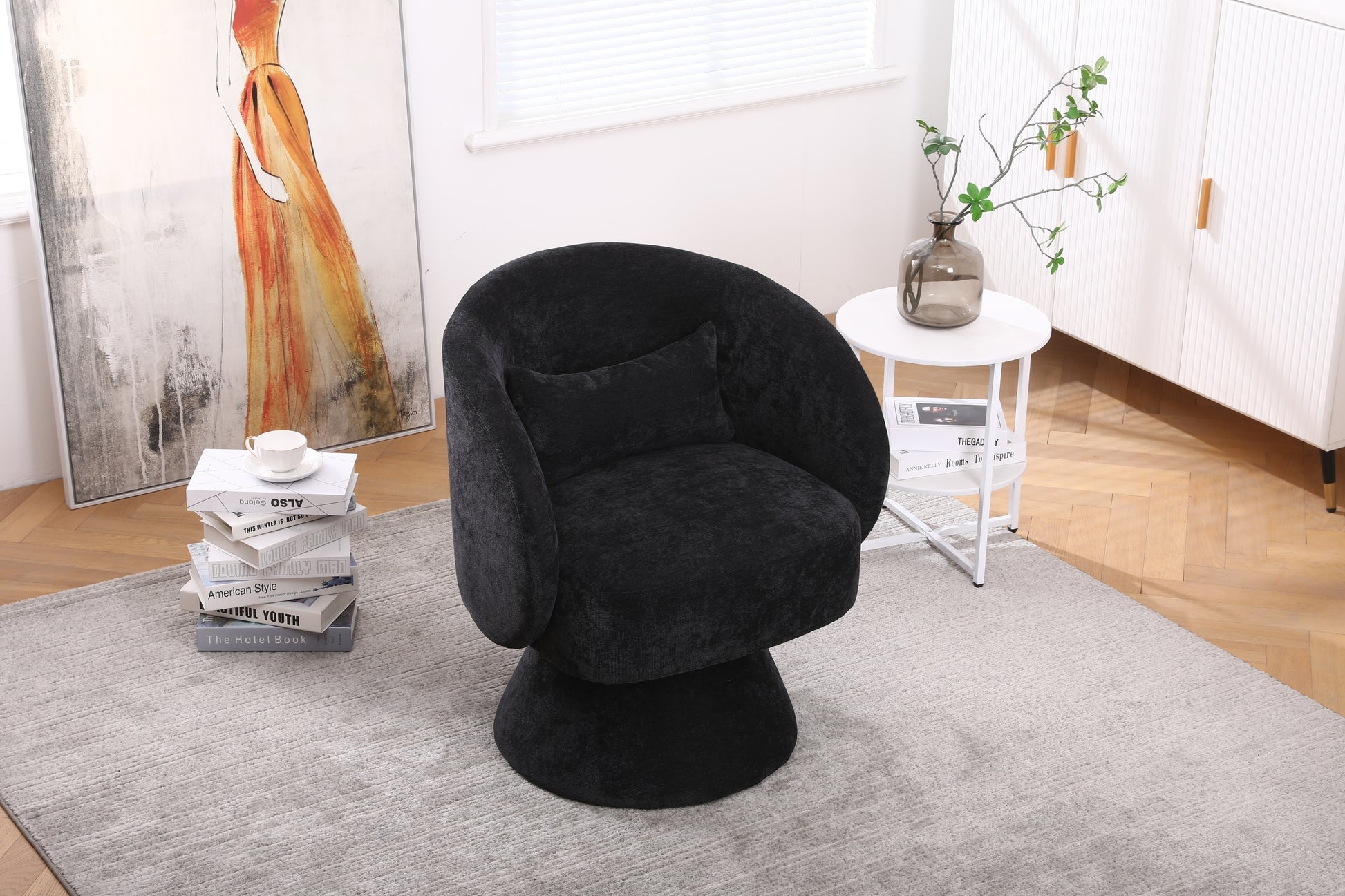 Swivel Accent Chair Armchair, Round Barrel Chair in Fabric for Living Room Bedroom(Black)