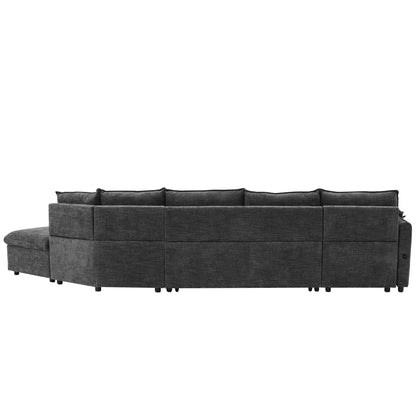 146.9" L-shaped Sofa Sectional Sofa Couch Pull-out Sofa Bed with a Movable Storage Ottoman, a Storage Chaise Lounge and Two USB Ports for Living Room, Grey