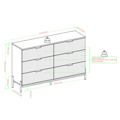 Mid-Century 6-Drawer Dresser with Reeded Drawer Fronts, Coastal Oak