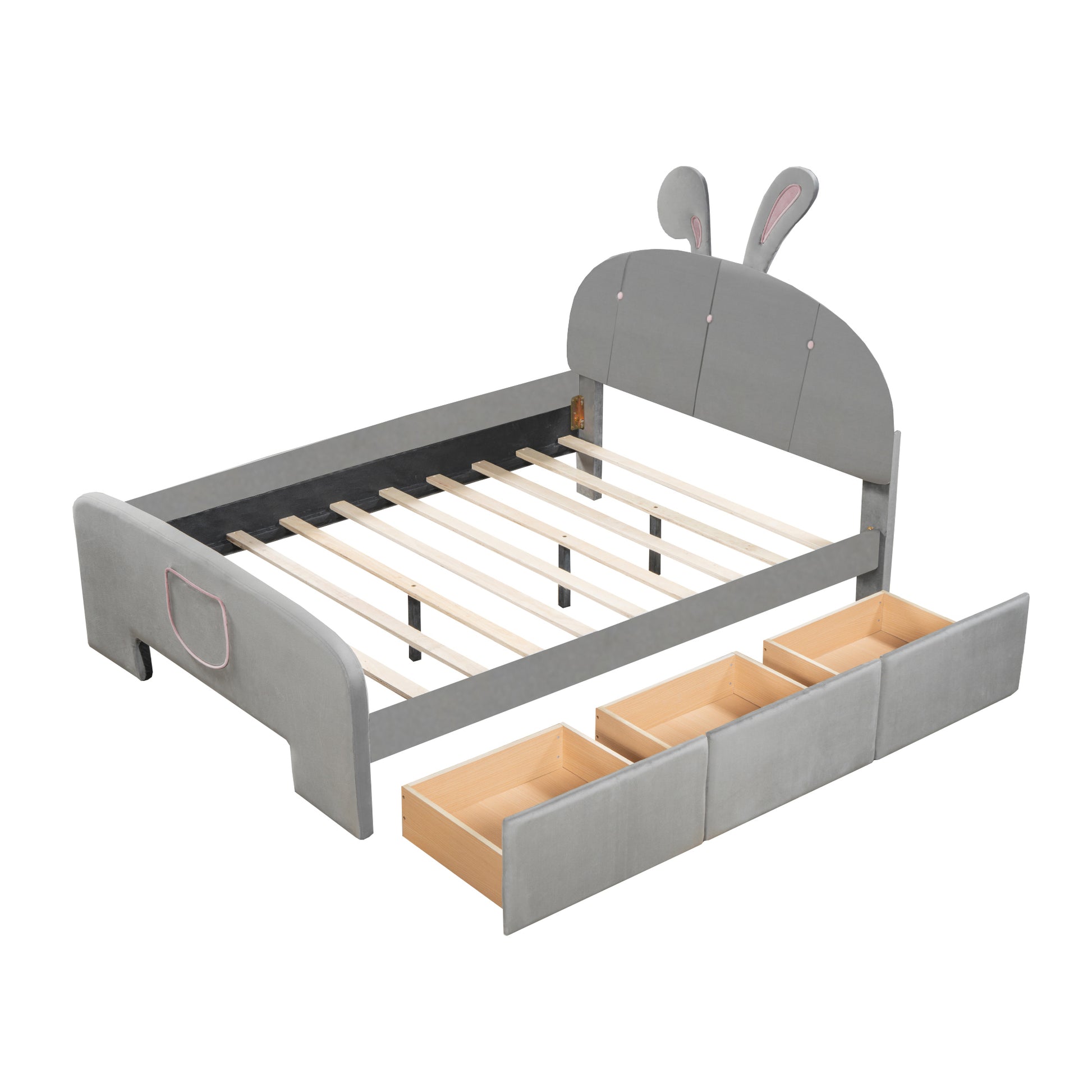 Full Size Velvet Platform Bed with Rabbit-Shaped Headboard, with Drawers, with Bed-End Storage Pocket, Gray